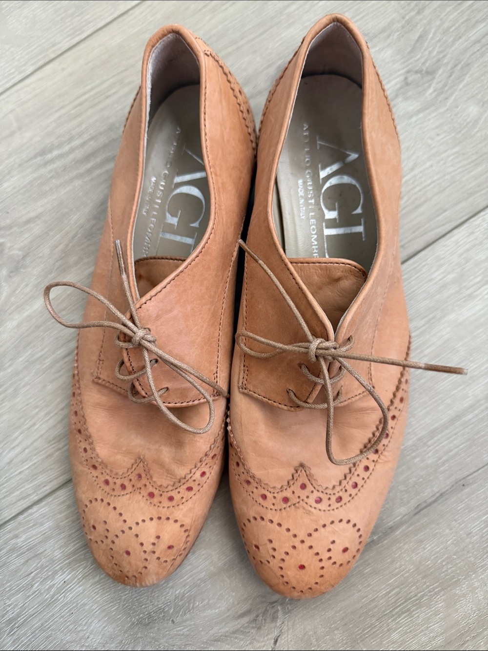Agl Light Brown Leather Brogue Derby Oxfords